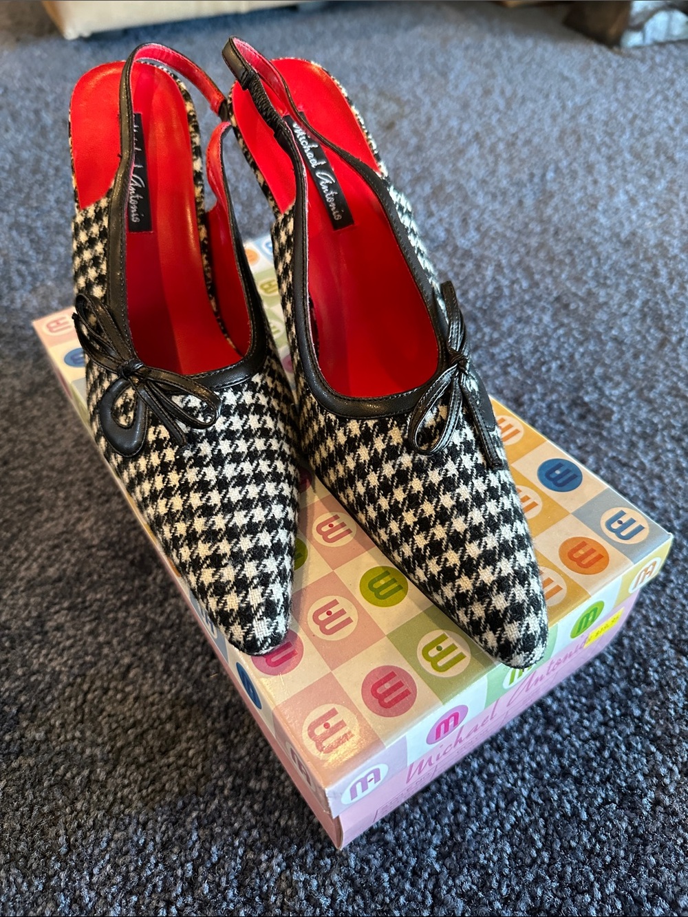 Michael Antonio Black & White Houndstooth Slingback Pumps with Red Interior